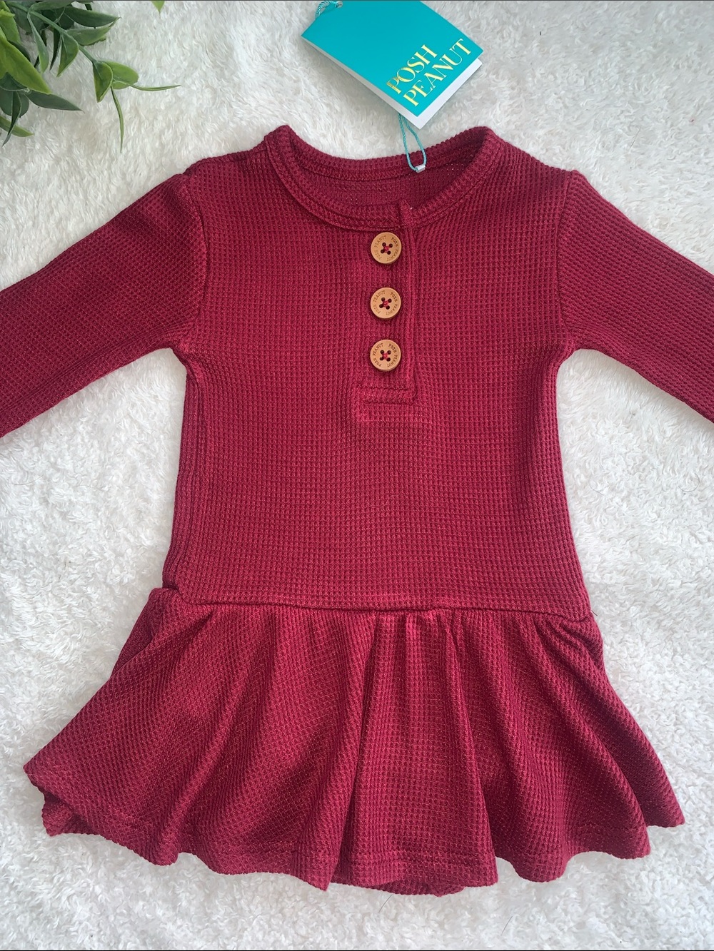 NWT Posh Peanut Bamboo Henley Twirl Skirt Bodysuit Dress Bordeaux Waffle 3-6M